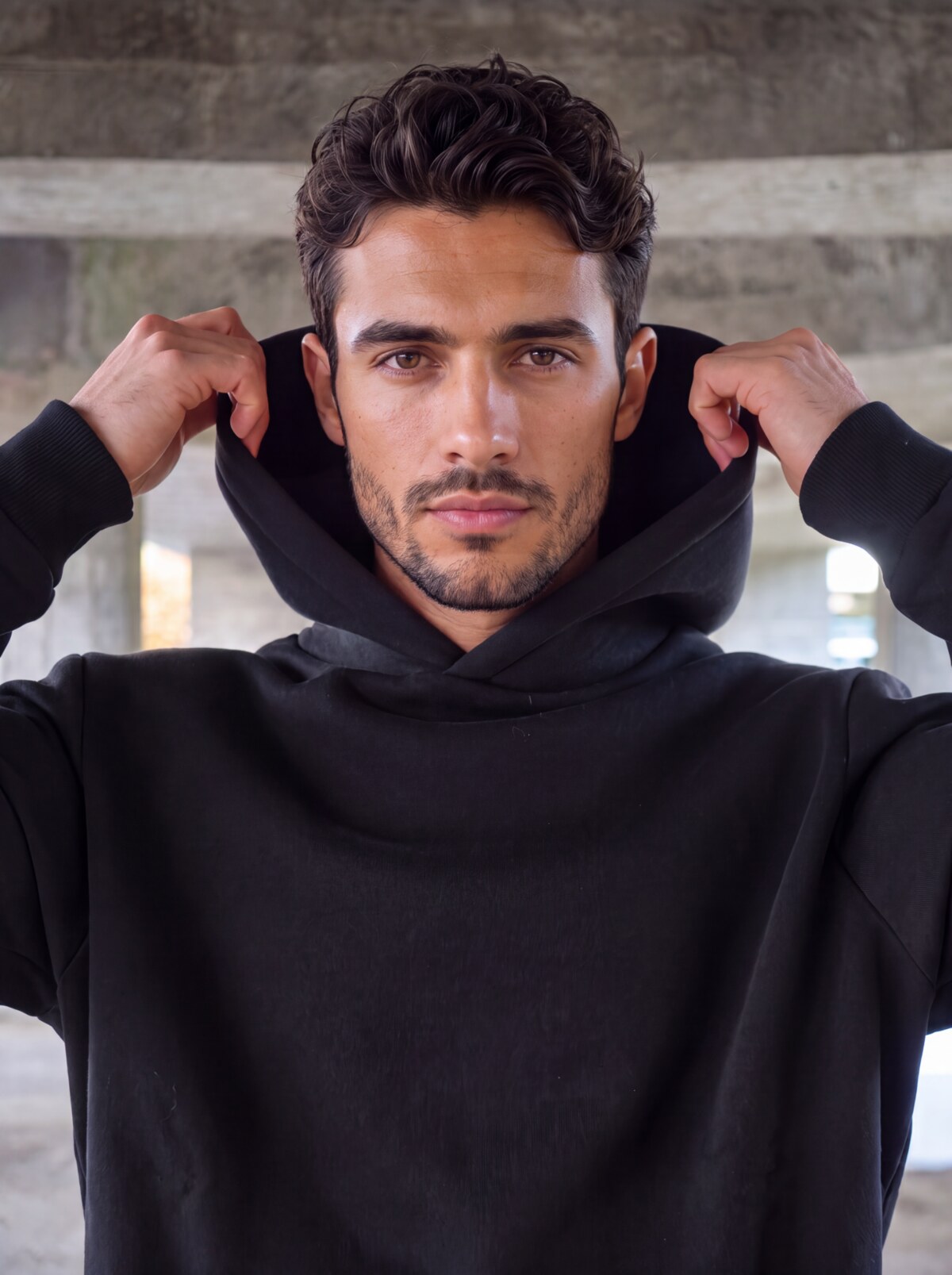 Close-up of Cyrus wearing the black boyfriend hoodie